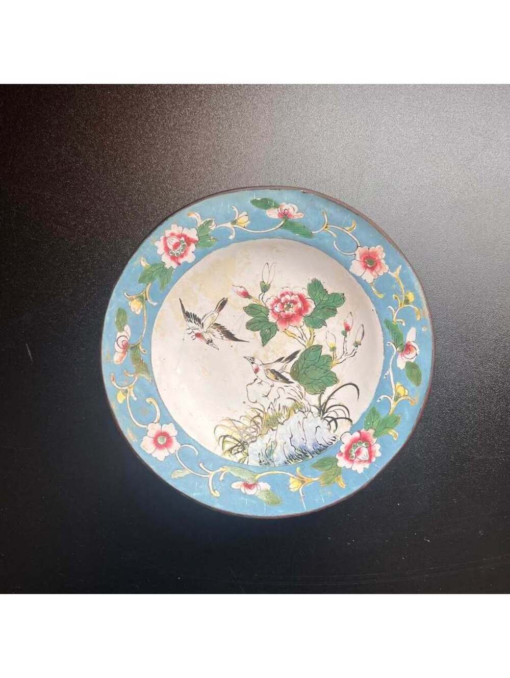 Vintage Asian Enamel Bird Floral Turquoise Mid Century Trinket Dish
